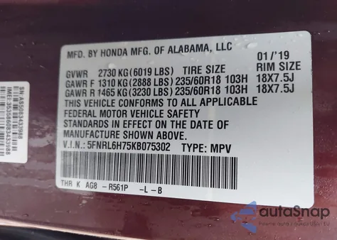 2019 Honda Odyssey Exl from USA, damaged, VIN 5FNRL6H75KB075302